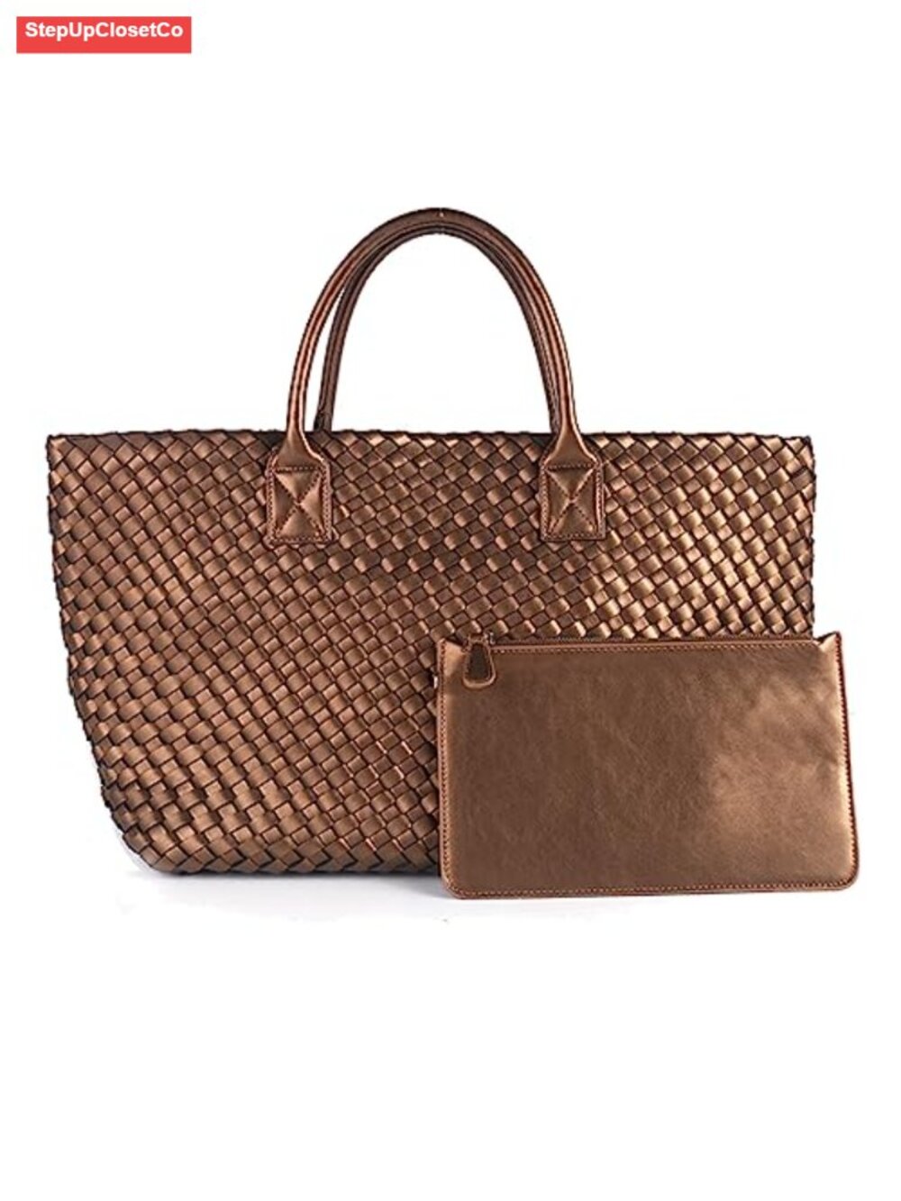 Vegan Leather Woven Tote Bag with Clutch, Hobo Convertible Shopper